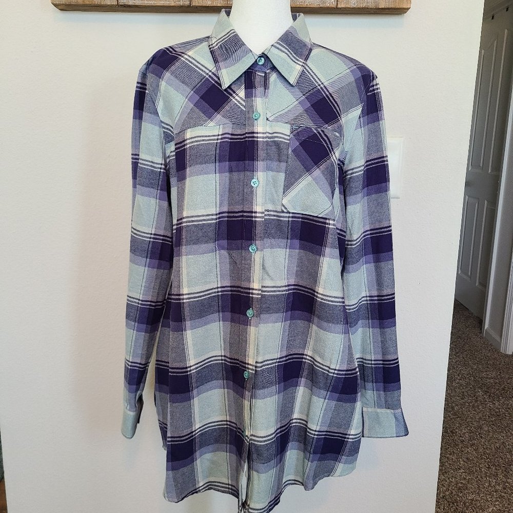 Ascend Purple and Light Blue Plaid Flannel Button Down NWOT